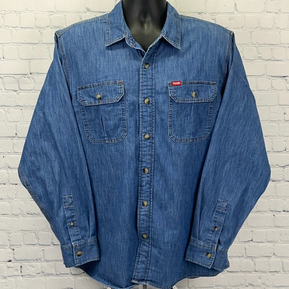 Wrangler Denim Button Front Shirt Mens L Large Blue Cowboy Western Long Sleeve